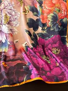 1 pieza Bufanda larga de seda con estampado floral, accesorio de moda para mujer