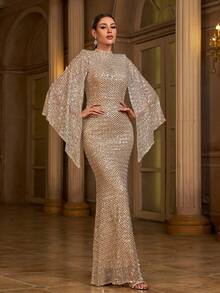 Missord 亮片開衩袖魚尾裙下擺緊身連衣裙 - 香檳色 - 查看 3