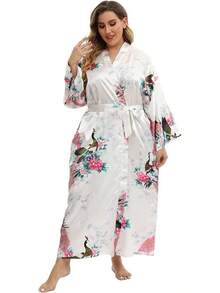 Women's Floral Long Satin Robes Plus Size Long Silk Robes Peacock Floral Kimonos Sleepwear Dressing Gown - 白色 - 查看 3
