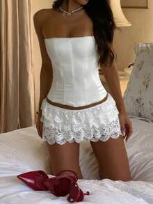 Women Y2K Lace Mini Skirt Low Rise Pleated Ruffle Short Skirts Layered Flowy Fairy Skirt Party Club Short Skirts Casual Swing Beach Skirt - 白色 - 查看 2