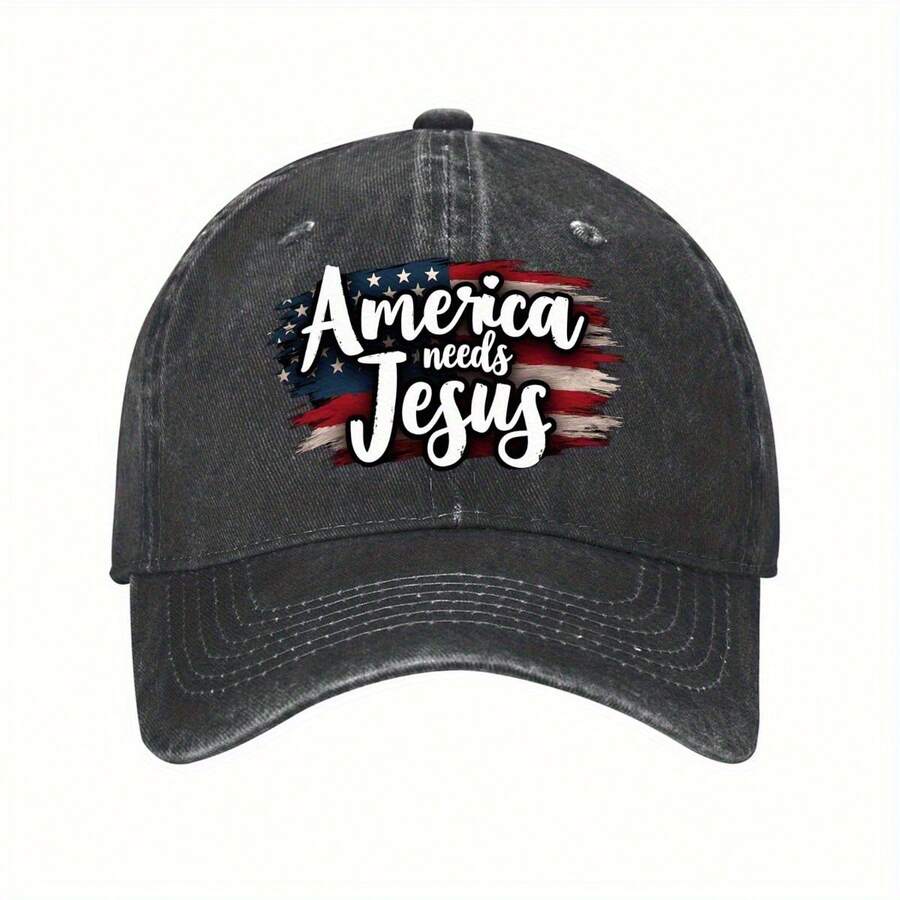 Vintage "America Needs Jesus" Shabby Denim Baseball Cap-Patriotic American Flag Design, Adjustable For Men And Women Style, Casual Sun Hat, Faith Costume With Message Of Faith Vintage Cowboy Hat  Baseball Cap, Baseball Cap - Black - View 1
