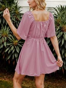 Vestido Casual de Manga Corta con Volante y Escote Corazón con Nudo Fruncido para Mujer - Rosa Pálido - Ver 2