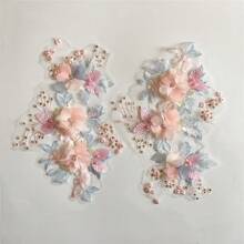 1pc 3D Floral Lace Embroidery Applique Patch Polyester With Beads And Rhinestones, Pink And White Flower Designs For Crafts, Wedding Bridal Decoration, Home Decoration, Art Supplies, Knitting, Embroidery Applique