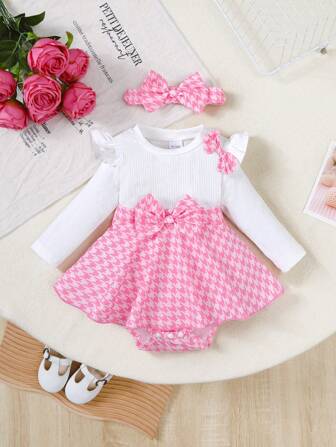 2pcs Baby French Elegant Set, Fuchsia White Houndstooth Bodysuit With White Flutter Sleeve Blouse & Headband, 0-24 Months Breathable Knit Striped Outfit, Princess Daily Wear, Autumn/Winter 2025 New Arrival