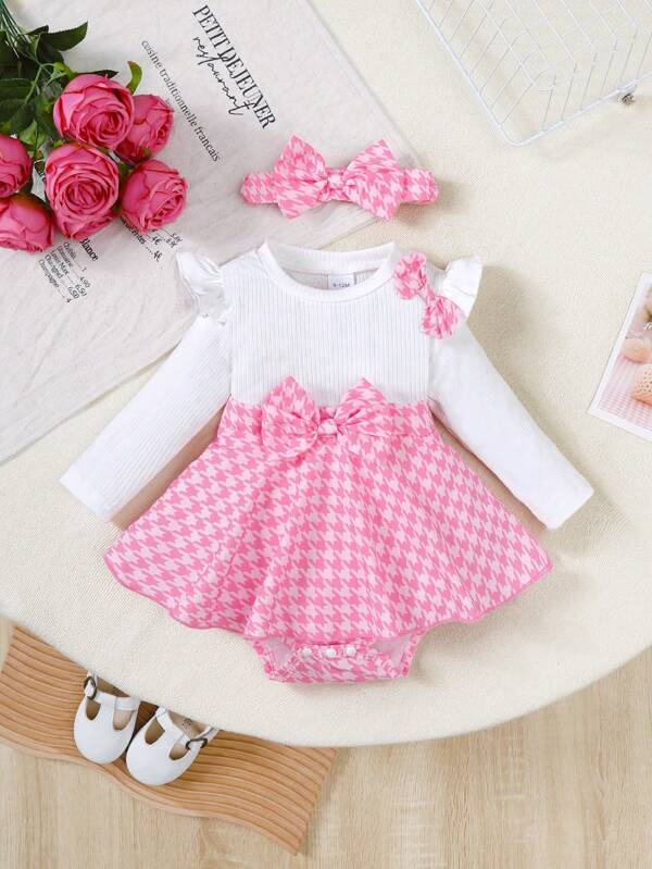 2pcs Baby Girl French Elegant Set: Dusty Pink & White Houndstooth Suspender Skirt, White Ruffle Trim Sleeve Top + Headband, Breathable Knitted Striped Outfit, 0-24 Months, Summer Daily/Photography Use