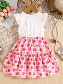 Young Girl' Cartoon Rabbit & Strawberry Print Dress, Casual Adorable Frill Trim And Sleeves Cake Dress - White - View 2