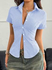 Sunny Girly Y2K Back To School Season Cotton Fitted Collared Short Sleeve Shirt, Button Closure, Blue Plaid Academic Style Top - Baby Blue - View 6