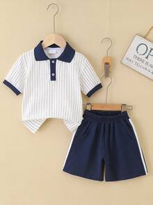 youtaotongnian 2-teiliges Jungs Sommer Lässig Outfit - gestreiftes Poloshirt & Loose Fit Shorts, geeignet für Sportevents