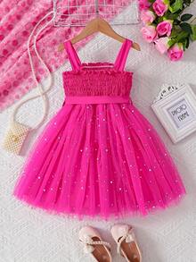 女孩优雅夏季网眼连衣裙，采用吊带和抽绳设计，与星月网眼连衣裙拼接而成，非常适合生日派对、大学派对或其他特殊场合 - 玫紅色 - 查看 2