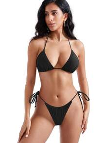 Bikini brasileño sexy para mujer, conjunto de 2 piezas con top de tirantes finos y tanga - 071-cb Flor - Ver 10