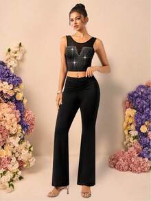 Basrey Black Sleeveless Rhinestone Vest, Backless, High Waisted, Slightly Flared Pants, Long Pants Set, Two Pieces Set - Black - View 8