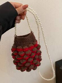 Women's Summer Woven Pearl Handbag, Cute Raspberry Crochet Knit Phone Pouch Crossbody Bag