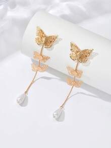1 对优雅别致的女士耳环，时尚简约夏季风格，合金空心蝴蝶和水滴仿珍珠，创意个性化耳环，适合日常休闲佩戴，珠宝 - Golden - 查看 2