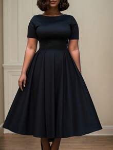 Plus Size Black Round Neck Short Sleeve Mid-Length Dress, Semi-Formal - Black - View 1