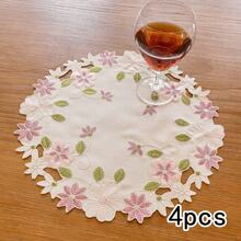 4 件套刺绣镂空亚麻餐垫，粉色花卉刺绣设计餐垫，适合日常使用、婚礼、派对装饰，耐热 - 淺粉色 - 查看 4