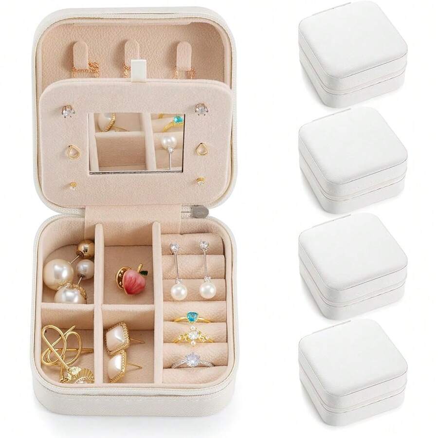 New- 4packs - All Travel Jewelry Case, To Go Portable Jewelry Box, Travel Jewelry ,Portable Jewellery Storage Holder For Rings Earrings Necklace, Gifts For Girls Women Mirror - White - 4 packs - 查看 1