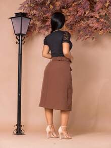 Women's Elegant Tailored Midi Skirt With Belt And Pocket Evangelical Fashion - 鏽棕色 - 查看 2