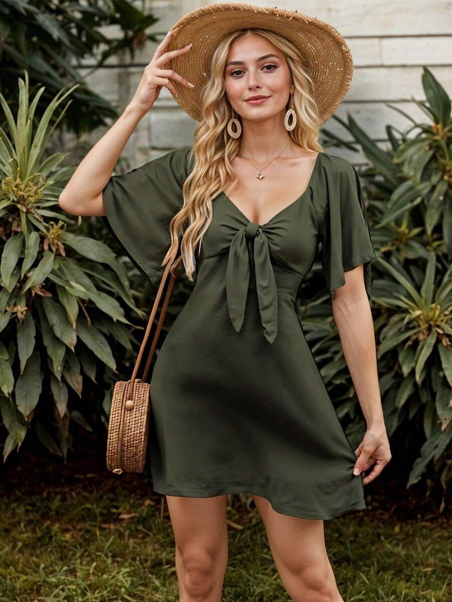 Vestido Casual de Manga Corta con Volante y Escote Corazón con Nudo Fruncido para Mujer - Verde militar - Ver 1