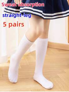 5 Pairs Children's White Over-Knee Socks, Long Tube Socks With No Heel Seam, Boys & Girls Outdoor Sports Football White Socks, Kindergarten & Elementary School Uniform Socks, Suitable For All Seasons, Moisture-Wicking & Breathable - White - View 3