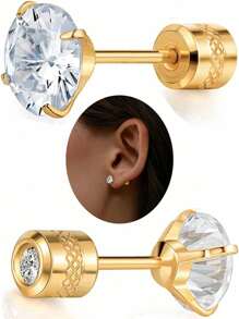 1 par de brincos de pino com parafuso banhados a ouro 18K para mulheres, brincos minúsculos unissex hipoalergênicos para cartilagem, brincos delicados de hélice com zircônia cúbica redonda dupla para homens, mulheres e meninas (cor ouro/prata 2 mm/3 mm/4 mm/5 mm/6 mm) para o Dia das Mães, Dia dos Namorados e Mardi Gras
