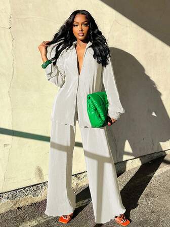 时尚休闲印花百褶衬衫两件套女舒适翻领阔腿裤套装