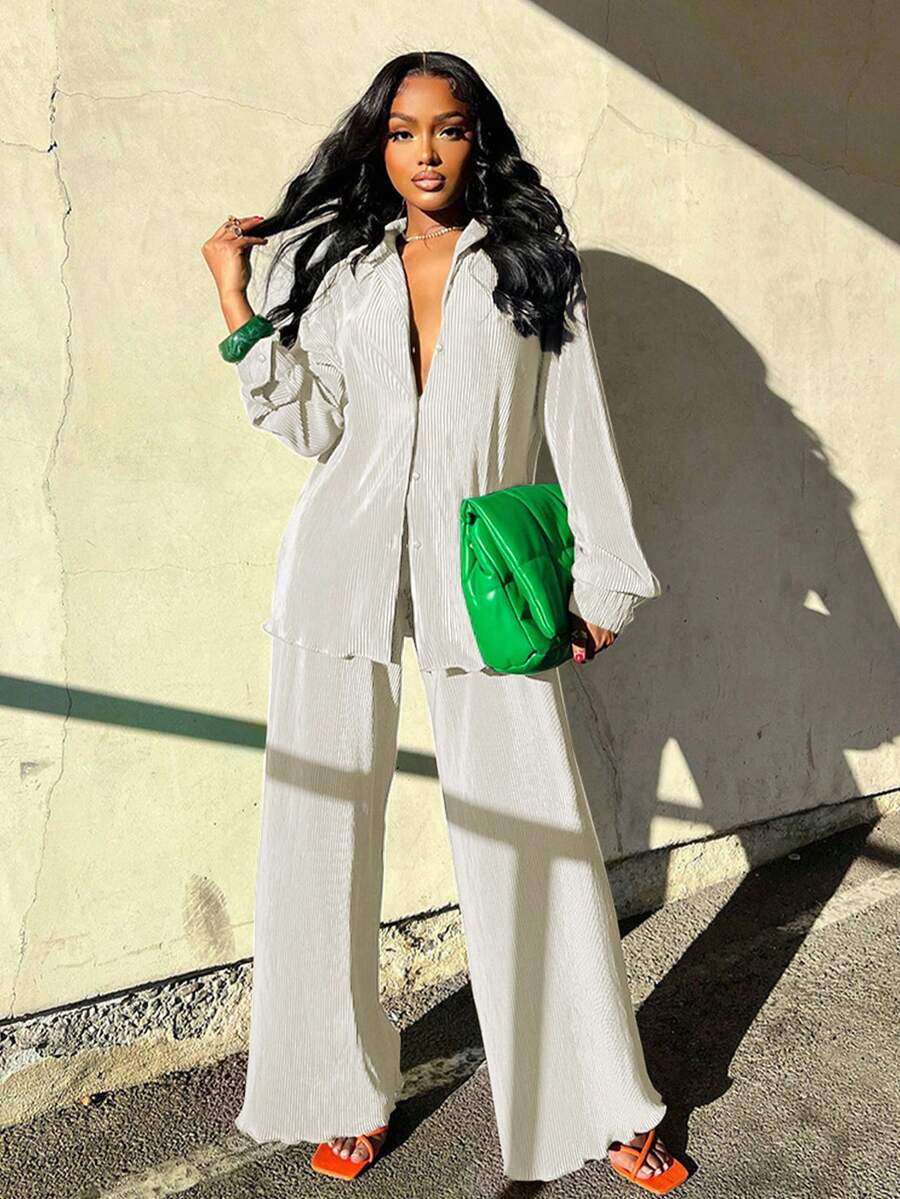 女士休闲印花褶皱衬衫阔腿裤两件套 春季 白色 - 白色 - 查看 1