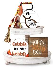 Set de 3 piezas, 1/120 Set de decoraciones de bandeja escalonada de madera 2D Feliz Día de Acción de Gracias para fiesta de otoño y decoración de mesa, letreros de madera rústicos de pavo que cacarea para decoración de mesa de granja (sin bandeja)