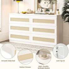 Rattan Dresser For Bedroom, Modern 6 Drawer Bedroom Dresser With Anti-Tip Kit, Wood Chest Of Drawers For Bedroom, Hallway And Living Room  6 Drawer Double Dresser For Bedroom, Wide Chest Of Drawers & Boho Dresser For Closet, Store Organizer For Bedroom, Living Room, Hallway, 47.24" - 白色 - 查看 5