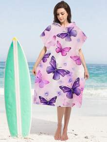 1pc Purple Butterfly Print Hooded Wearable Robe - Ultra-Soft Microfiber Purple Butterfly Pattern, Suitable For Boys, Girls, Couples - Beach And Home Decor, Couples Cloak | Microfiber Bathrobe Back To School - Multicolor - View 6