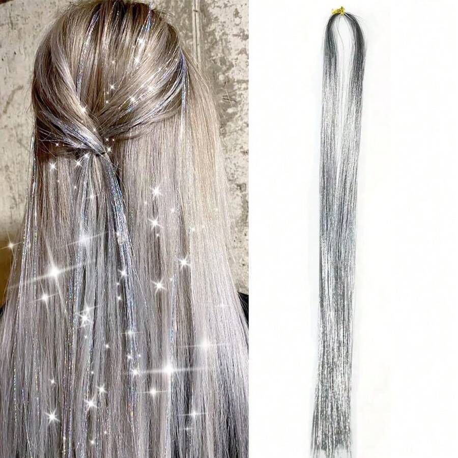 1PC Hair Tinsel Kit, Blue Hair Tinsel 48 Inch 1500 Strands Fairy Hair Tinsel Heat Resistant Glitter Tinsel Hair Extensions, Sparkling Hair Tinsel Kit For Girls