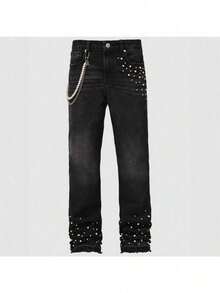 Nuevos pantalones rectos de mezclilla elástica con diamantes incrustados para hombres - ¡Esencial de la ropa urbana! - Negro - Ver 2