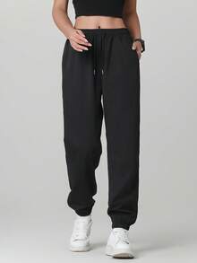 3 piezas Pantalones casuales de mujer de unicolor con cordón y bolsillo, versátiles para uso diario, senderismo, correr, ciclismo, trekking, primavera deportiva en color negro - Negro - Ver 8