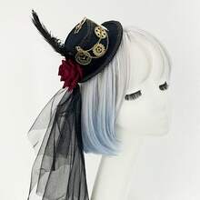 1pc Gothic Retro Steampunk Mini Top Hat With Skull, Feather, Rose Chain Decoration - Anime Vampire Theme Party Women Headpiece, Non-Stretch Brocade, Dark Headdress With Feather Accent Halloween - Multicolor - View 4