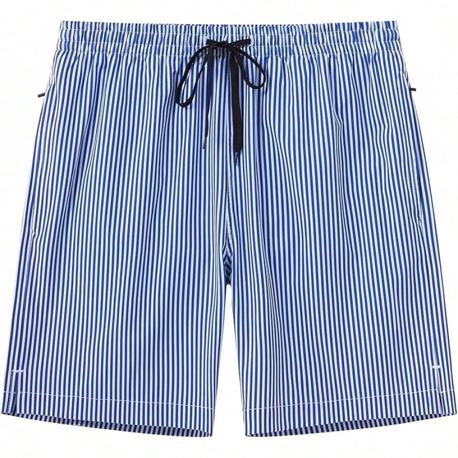 Pantalones cortos de baño para hombre de secado rápido, con bolsillos con cremallera y forro de malla - Dk4142 Raya azul - Ver 1