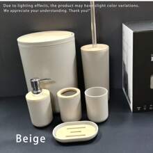 6er Badezimmer Accessoires Set, Kunststoff & Bambus Bad Ensemble Kit mit Seifenspender, Zahnputzbecher, Zahnbürstenhalter, Seifenschale, Toilette-Bürste & Halterung, Mülleimer, Geschenkset für Geburtstag, Feiertage, Einweihung, Weihnachten, in den Farben Schwarz, Weiß und Grau erhältlich