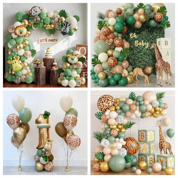 30/134/139/140/144pcs Jungle Balloons Garland Kit, Shower Decorations Sage Green Brown & Animal Print Balloons Palm Leaves For Woodland Themed Giraffe Wedding Two Wild One Birthday Party Supplies Spring Decor