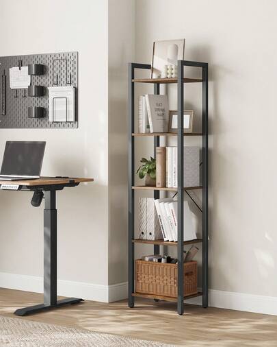 Étagère  5 Niveaux, Bibliothèque, Meuble de Rangement, pour Bureau, Salon, Chambre, Longueur : 39,6 cm/ 66 cm/ 80  cm, Style Industriel, Marron Rustique et Noir d'Encre