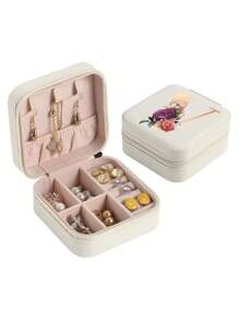 1pc Mini Floral Alphabet Jewelry Storage Box, A-Z Gold Letters, Portable Zipper Travel Jewelry Storage Box, Gift Box For Women, Multi-Function Jewelry Display Stand For Rings, Pendants, Earrings, Necklaces, Etc. - Suitable For Women, Mother, Girlfriend, Valentine's Day Gift Box.