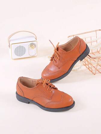 1 Pair Boys' British Style Leather Casual Lace-Up Low Heel Student Shoes, Versatile, Suitable For All Seasons