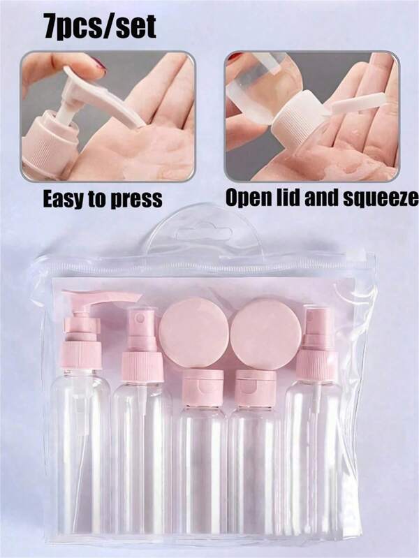 1 pieza/Set de 7 botellas de viaje, kit de botellas rellenables con bolsa de aseo, contenedor de líquido vacío, botella dispensadora de líquido a prueba de fugas, bolsa cosmética de mano, tarro de crema, artículos esenciales de viaje, accesorios de viaje para avión, set de botellas de viaje, set de contenedores de aseo portátiles a prueba de fugas, envases cosméticos de vuelo de tamaño claro de PP para loción, champú, crema, jabón con bolsa portátil, set de botellas de viaje con bombas para loción