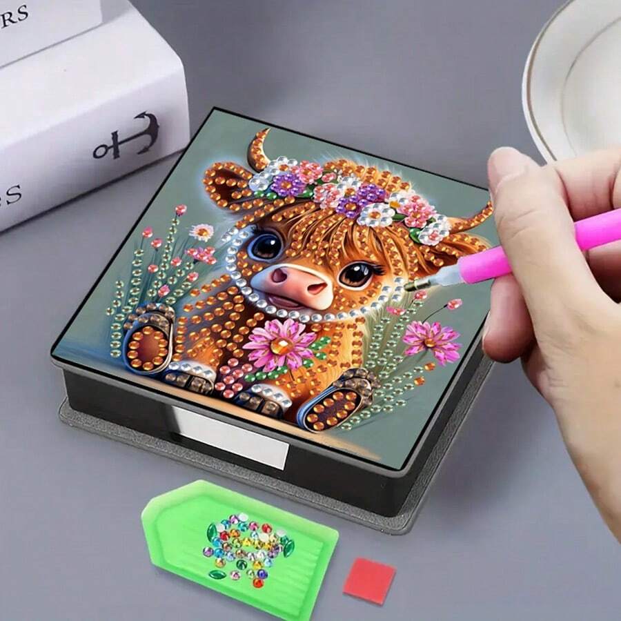 1pc Calf Design DIY Diamond Painting Asymmetrical Rhinestones Embroidery On Black Faux Leather Memo Pad Box With 160 Sheets, Ideal For Home Office & School Supplies, Craft, Cute Stationery, Holiday Gift