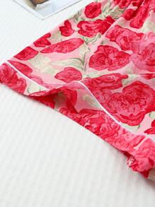 2pcs Set Comfortable Pink Rose Print Lapel Button Short Sleeve Top With Pocket And Bow Shorts Women Pajamas Loungewear Set, Suitable For Home Use, Spring/Summer