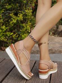 Women Leather Block Heel Waterproof Platform Casual Sandals - Apricot - View 6