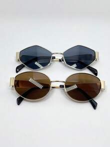 2pcs Back-To-School Metal Small Frame Oval Geometric Hexagon Pattern Fashion Glasses, Versatile High-End Driving Fashion Glasses For Women, Stylish Retro Metal Cat Eye Wide Frame Fashion Glasses For Photo, Holiday Shades - Diamond Gold Frame/full Tea + Round Silver Frame/full Gray - View 1