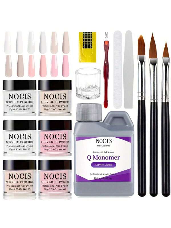 6 pièces Ensemble de faux ongles en acrylique complet - Liquide et poudre acrylique non jaunissants avec accessoires de nail art | Kit de manucure professionnel et DIY pour des extensions longue durée