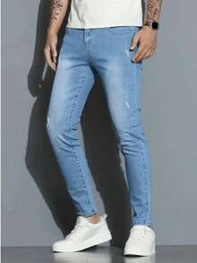Men's Light Blue Stretch Washed Jeans - Blue - View 1