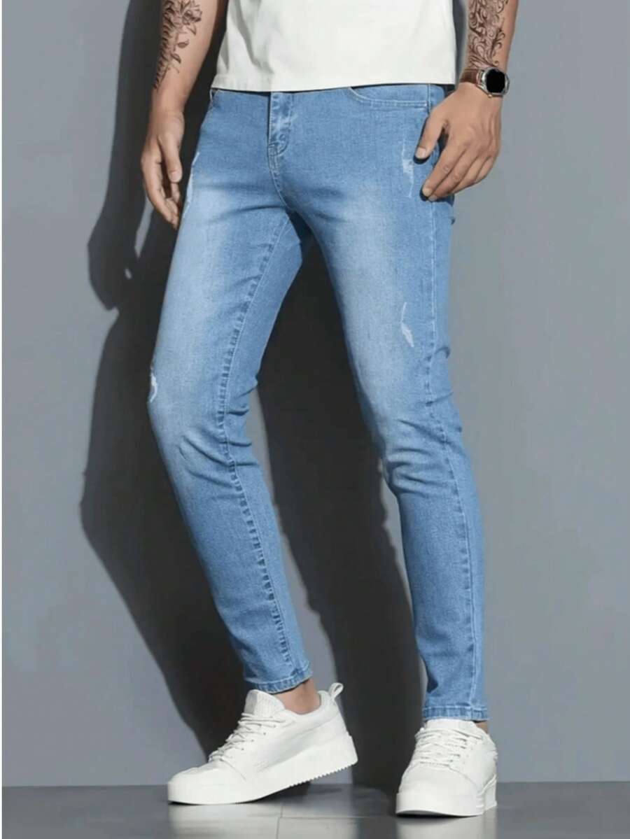 Men's Light Blue Stretch Washed Jeans - Blue - View 1