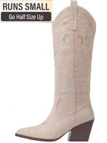 Khaki Cowgirl Outfits For Women Boots Knee High Pointed Toe Thick Heels Festival Shoes Fashion Country Concert Combat Boots For Women - 卡其色 - 查看 11