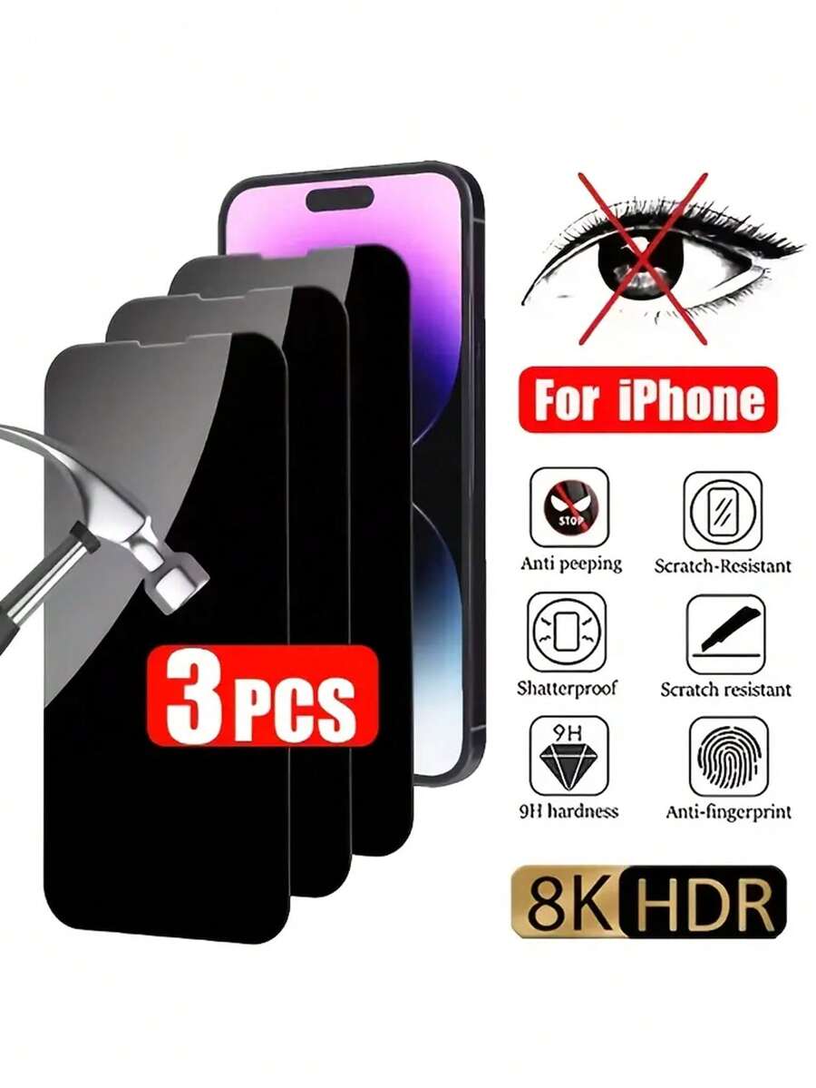 3片装隐私屏幕保护膜，适用于 16/15/14/12/11 Pro Max和Apple X/XS/XR/7/8 Plus，具有隐私保护功能，是生日、送给家人和朋友的理想礼物。采用钢化玻璃材质，防窥、防摔、防刮、防指纹，全覆盖。 - 黑色 - 查看 1