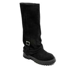 Women's Plain Pointed Toe Zipper Fashion Mid-Calf Boots With Buckle - Black - View 2